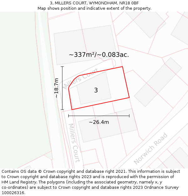 3, MILLERS COURT, WYMONDHAM, NR18 0BF: Plot and title map