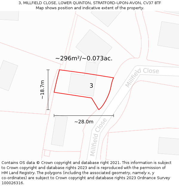 3, MILLFIELD CLOSE, LOWER QUINTON, STRATFORD-UPON-AVON, CV37 8TF: Plot and title map