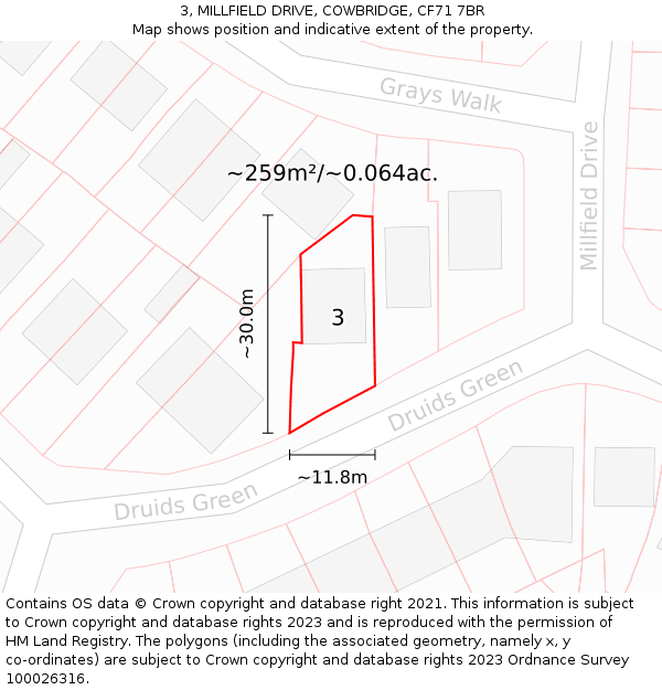 3, MILLFIELD DRIVE, COWBRIDGE, CF71 7BR: Plot and title map