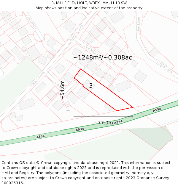 3, MILLFIELD, HOLT, WREXHAM, LL13 9WJ: Plot and title map