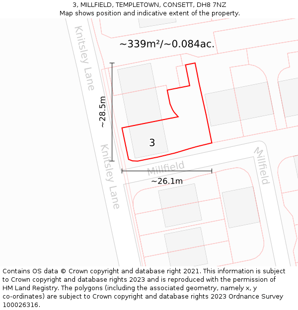 3, MILLFIELD, TEMPLETOWN, CONSETT, DH8 7NZ: Plot and title map