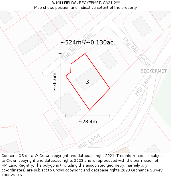 3, MILLFIELDS, BECKERMET, CA21 2YY: Plot and title map