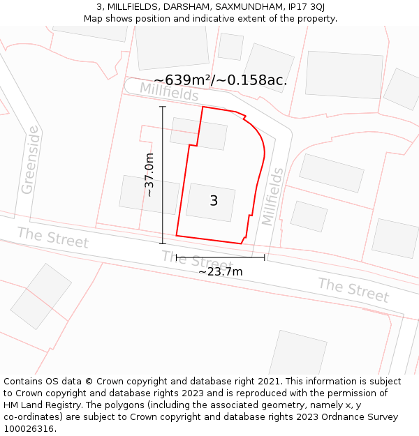 3, MILLFIELDS, DARSHAM, SAXMUNDHAM, IP17 3QJ: Plot and title map