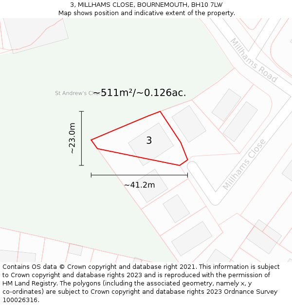 3, MILLHAMS CLOSE, BOURNEMOUTH, BH10 7LW: Plot and title map