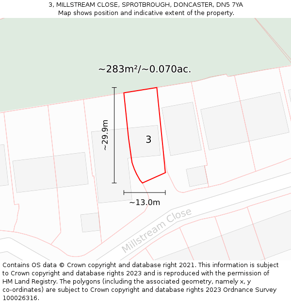 3, MILLSTREAM CLOSE, SPROTBROUGH, DONCASTER, DN5 7YA: Plot and title map