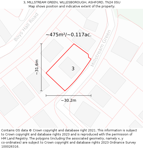 3, MILLSTREAM GREEN, WILLESBOROUGH, ASHFORD, TN24 0SU: Plot and title map