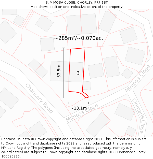 3, MIMOSA CLOSE, CHORLEY, PR7 1BT: Plot and title map