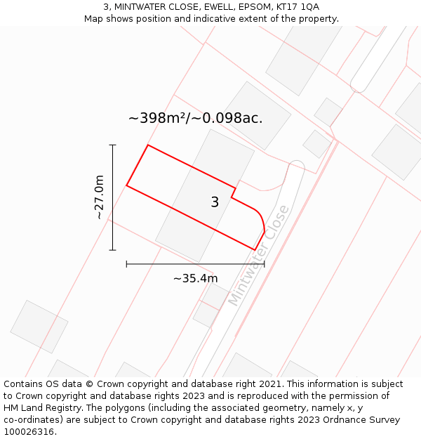 3, MINTWATER CLOSE, EWELL, EPSOM, KT17 1QA: Plot and title map