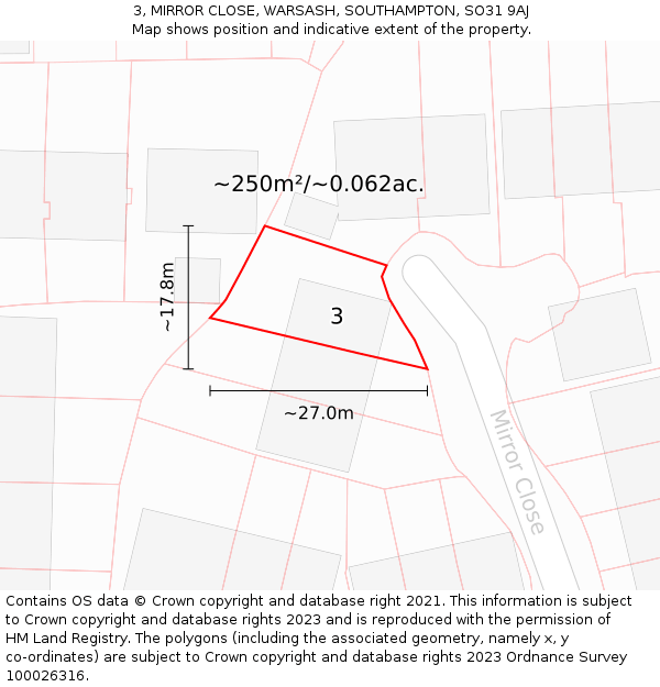 3, MIRROR CLOSE, WARSASH, SOUTHAMPTON, SO31 9AJ: Plot and title map