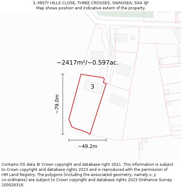 3, MISTY HILLS CLOSE, THREE CROSSES, SWANSEA, SA4 3JF: Plot and title map
