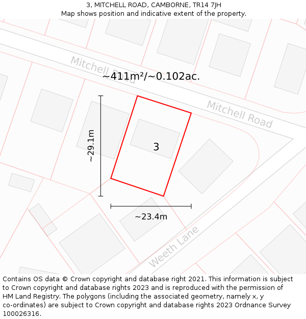 3, MITCHELL ROAD, CAMBORNE, TR14 7JH: Plot and title map