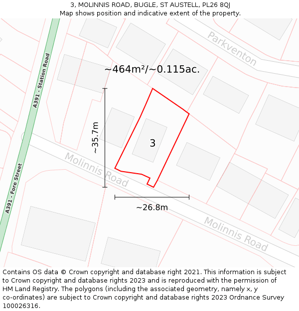 3, MOLINNIS ROAD, BUGLE, ST AUSTELL, PL26 8QJ: Plot and title map