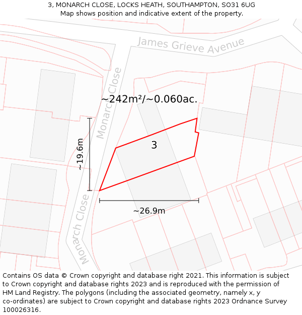 3, MONARCH CLOSE, LOCKS HEATH, SOUTHAMPTON, SO31 6UG: Plot and title map