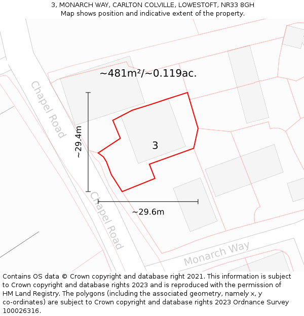 3, MONARCH WAY, CARLTON COLVILLE, LOWESTOFT, NR33 8GH: Plot and title map