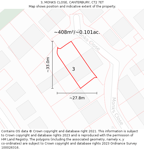 3, MONKS CLOSE, CANTERBURY, CT2 7ET: Plot and title map