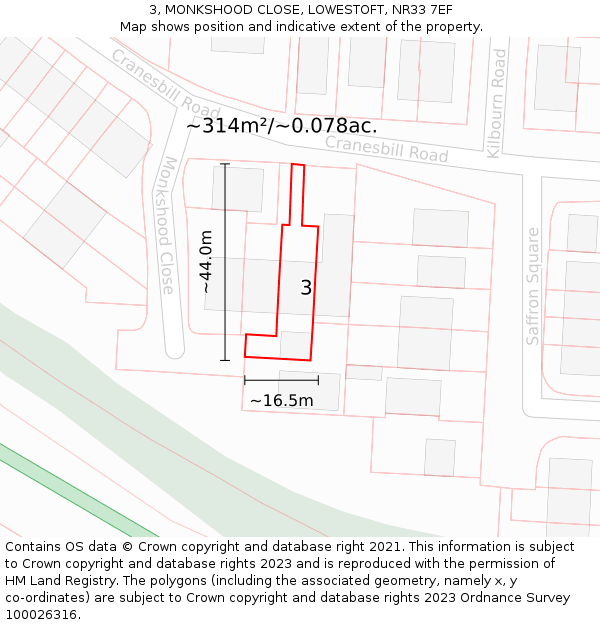 3, MONKSHOOD CLOSE, LOWESTOFT, NR33 7EF: Plot and title map