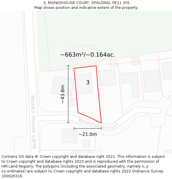 3, MONKSHOUSE COURT, SPALDING, PE11 3YS: Plot and title map