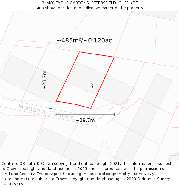 3, MONTAGUE GARDENS, PETERSFIELD, GU31 4DT: Plot and title map