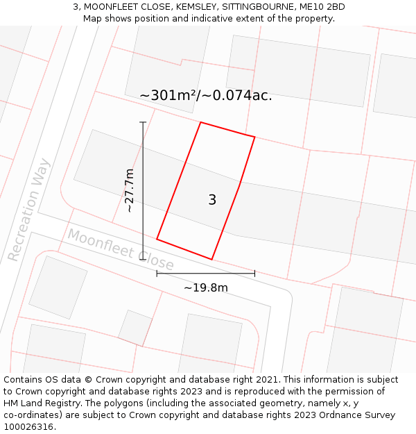 3, MOONFLEET CLOSE, KEMSLEY, SITTINGBOURNE, ME10 2BD: Plot and title map