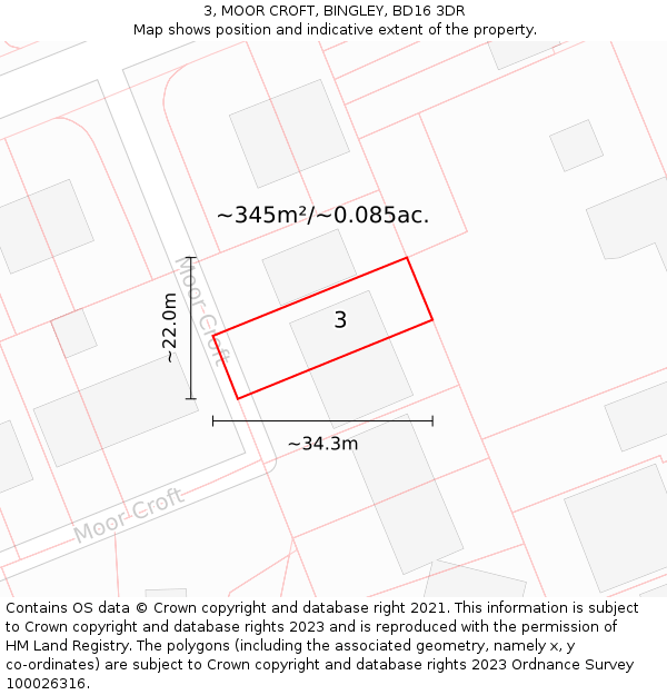 3, MOOR CROFT, BINGLEY, BD16 3DR: Plot and title map