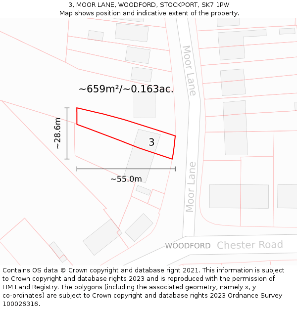 3, MOOR LANE, WOODFORD, STOCKPORT, SK7 1PW: Plot and title map