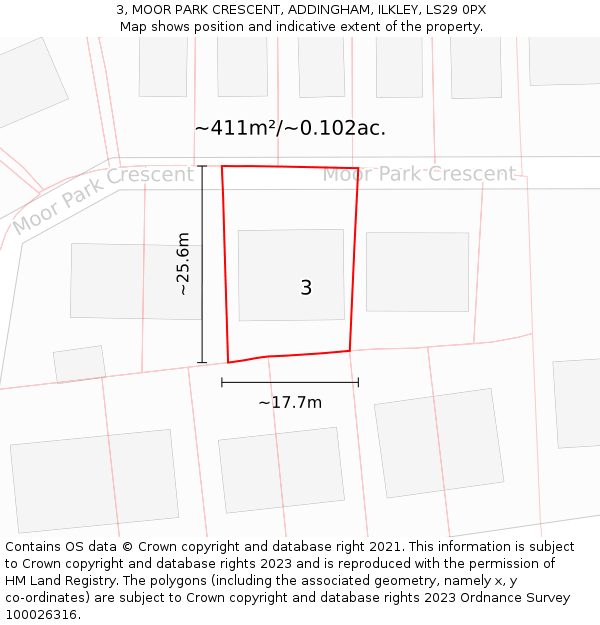 3, MOOR PARK CRESCENT, ADDINGHAM, ILKLEY, LS29 0PX: Plot and title map