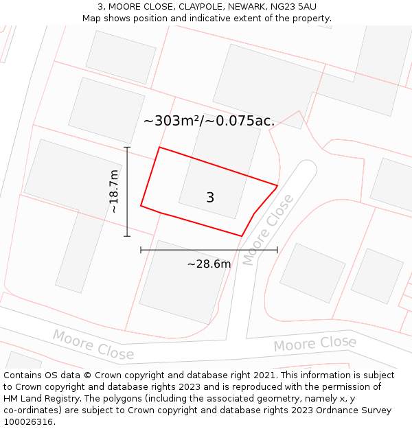 3, MOORE CLOSE, CLAYPOLE, NEWARK, NG23 5AU: Plot and title map