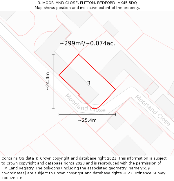3, MOORLAND CLOSE, FLITTON, BEDFORD, MK45 5DQ: Plot and title map
