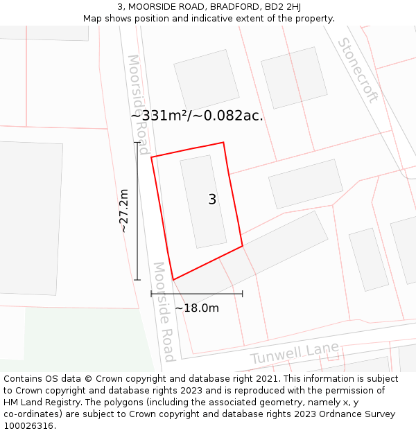 3, MOORSIDE ROAD, BRADFORD, BD2 2HJ: Plot and title map