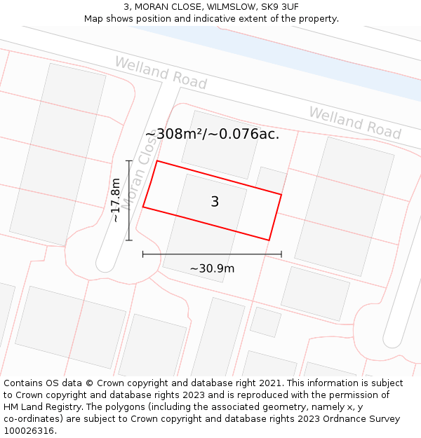 3, MORAN CLOSE, WILMSLOW, SK9 3UF: Plot and title map
