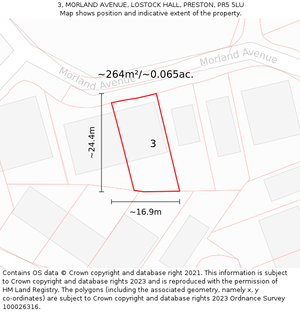 3, MORLAND AVENUE, LOSTOCK HALL, PRESTON, PR5 5LU: Plot and title map