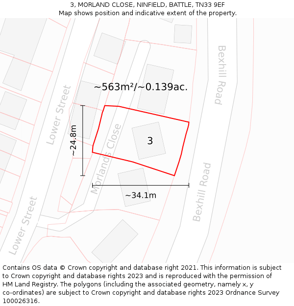 3, MORLAND CLOSE, NINFIELD, BATTLE, TN33 9EF: Plot and title map