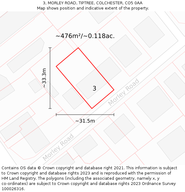 3, MORLEY ROAD, TIPTREE, COLCHESTER, CO5 0AA: Plot and title map
