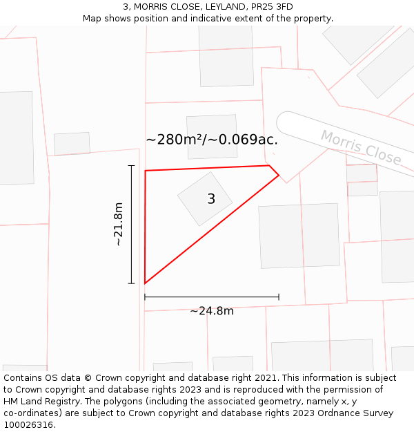 3, MORRIS CLOSE, LEYLAND, PR25 3FD: Plot and title map