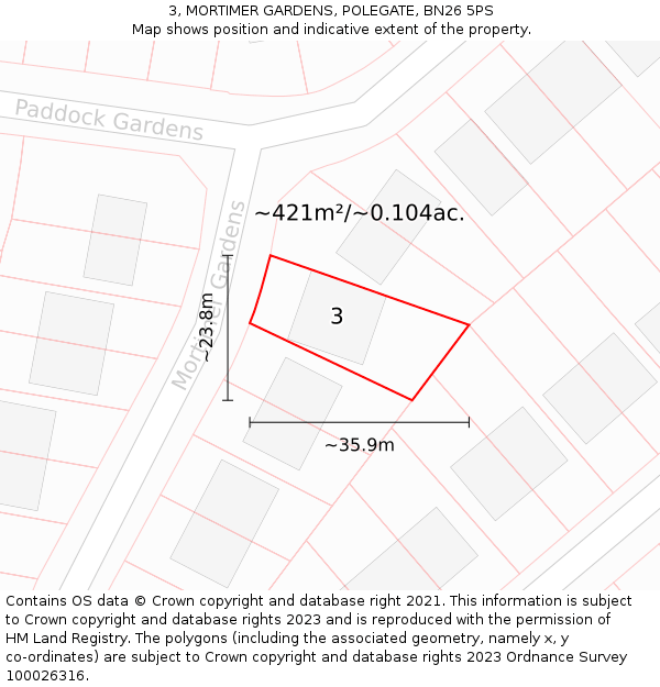 3, MORTIMER GARDENS, POLEGATE, BN26 5PS: Plot and title map