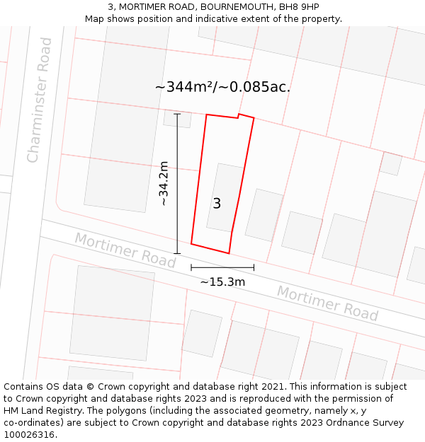3, MORTIMER ROAD, BOURNEMOUTH, BH8 9HP: Plot and title map
