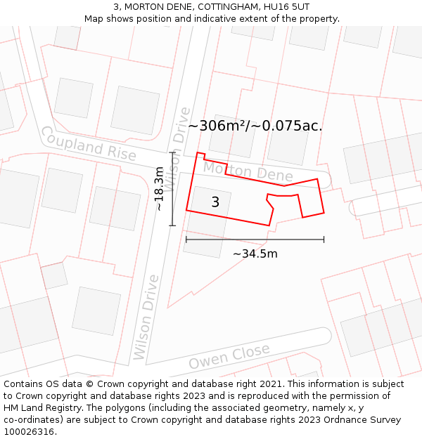 3, MORTON DENE, COTTINGHAM, HU16 5UT: Plot and title map