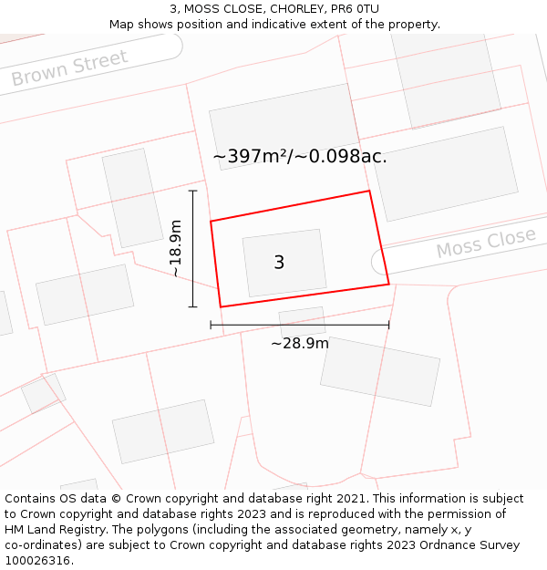 3, MOSS CLOSE, CHORLEY, PR6 0TU: Plot and title map