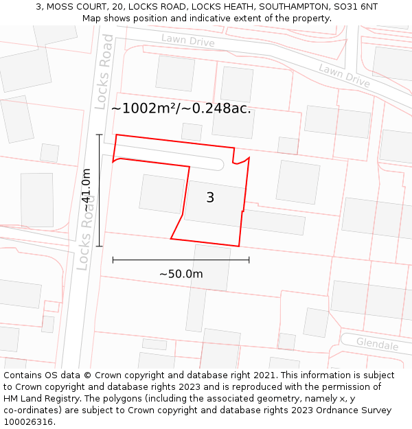 3, MOSS COURT, 20, LOCKS ROAD, LOCKS HEATH, SOUTHAMPTON, SO31 6NT: Plot and title map