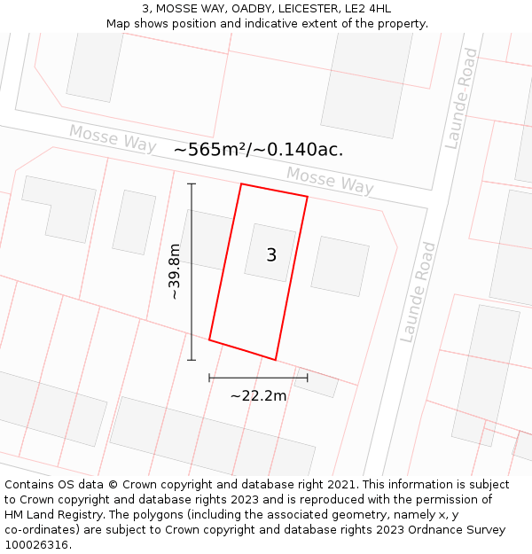 3, MOSSE WAY, OADBY, LEICESTER, LE2 4HL: Plot and title map