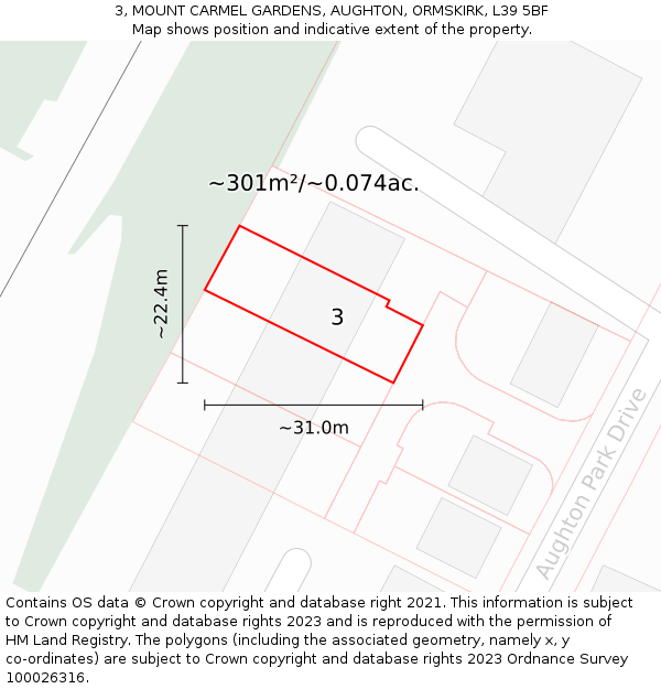 3, MOUNT CARMEL GARDENS, AUGHTON, ORMSKIRK, L39 5BF: Plot and title map