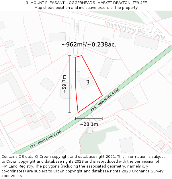 3, MOUNT PLEASANT, LOGGERHEADS, MARKET DRAYTON, TF9 4EE: Plot and title map