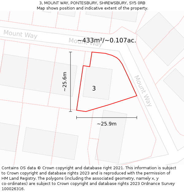 3, MOUNT WAY, PONTESBURY, SHREWSBURY, SY5 0RB: Plot and title map