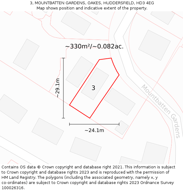 3, MOUNTBATTEN GARDENS, OAKES, HUDDERSFIELD, HD3 4EG: Plot and title map