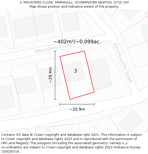 3, MOUNTERS CLOSE, MARNHULL, STURMINSTER NEWTON, DT10 1NT: Plot and title map