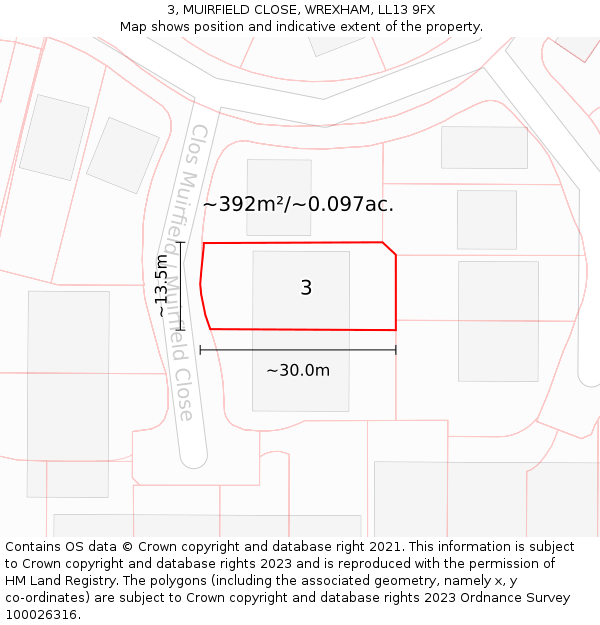 3, MUIRFIELD CLOSE, WREXHAM, LL13 9FX: Plot and title map