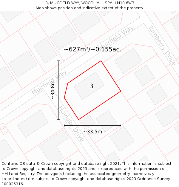 3, MUIRFIELD WAY, WOODHALL SPA, LN10 6WB: Plot and title map