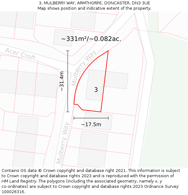 3, MULBERRY WAY, ARMTHORPE, DONCASTER, DN3 3UE: Plot and title map