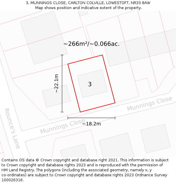 3, MUNNINGS CLOSE, CARLTON COLVILLE, LOWESTOFT, NR33 8AW: Plot and title map