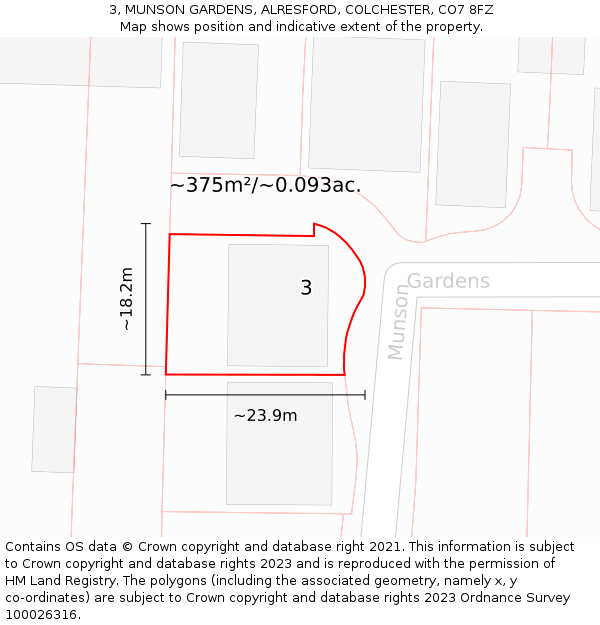 3, MUNSON GARDENS, ALRESFORD, COLCHESTER, CO7 8FZ: Plot and title map